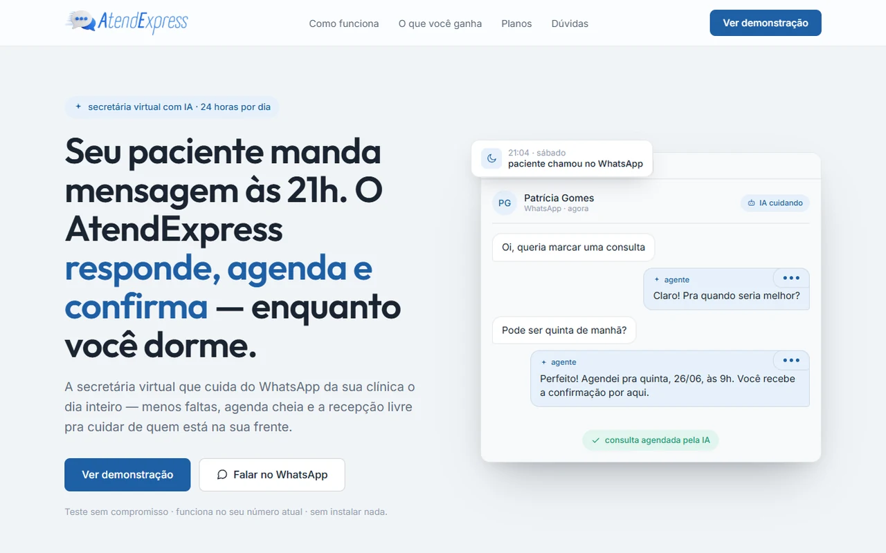 Página do AtendExpress: secretária virtual com IA que atende no WhatsApp, agenda e confirma